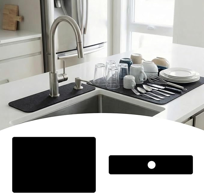 Customizable 24"L x 5.5"W Kitchen Sink Faucet Mat & 24"Lx16"W Dish Drying Mat Set - Absorbent Microfiber Splash Guard Trimmable to Fit 2 & 3 Holes Faucet & Soap Dispenser - Cuttable Counter Protector