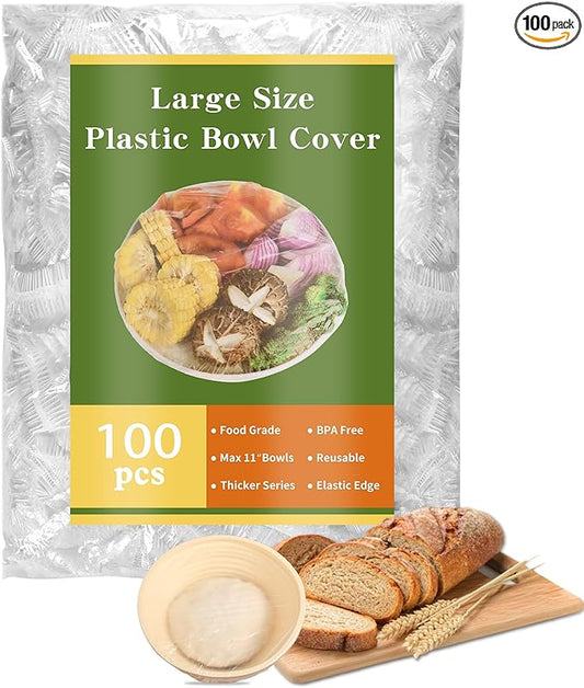 100 Bowl Covers Shower Caps for Sourdough Bread Proofing Large Elastic Reusable Plastic Wrap for Food Storage Baking Rising Meal-Prep Fermentation BPA-Free Keep Food Fresh