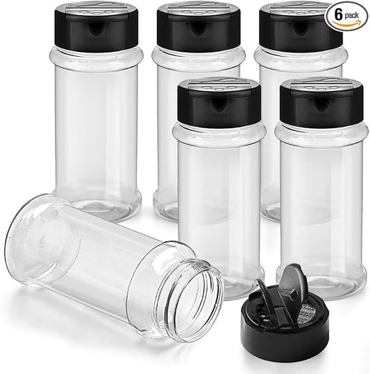 3 Oz Spice Bottles Plastic Small Seasoning Containers, 6 Pcs Clear Plastic Spice Jars with Shaker Lids Empty for Spice & Herbs, Powders, Glitters, BPA Free | Heavy Duty | Wide Mouth | Dual Flaps