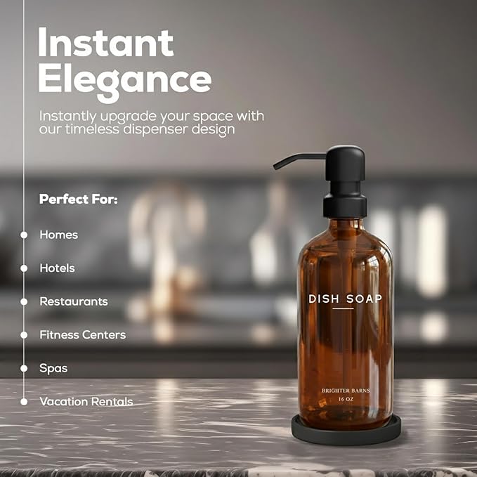 Amber Glass Dish Soap Dispenser for Kitchen Sink by Brighter Barns - Kitchen Soap Dispenser Set with Pump & Tray - Refillable Glass Bottle for Liquid - Modern Home Decor for Airbnb, Restaurant (Amber)