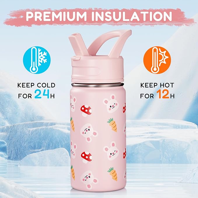 Fijinhom 12oz Water Bottle for School, Bottles with Straws, Stainless Steel Vacuum Insulated Water Bottle, Leak-Proof, BPA-Free, Pink Rabbit