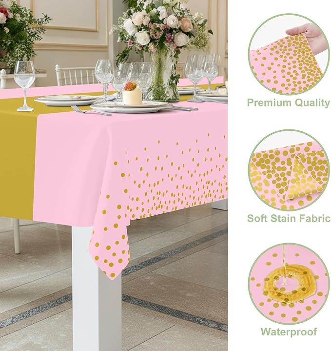 Smiry Plastic Table Cloth Disposable 3 Pack, 54 x 108 Inch Rectangle Waterproof Tablecloth, Printed Gold Table Runner Style for Birthday Weeding, Party Decorations, Leakproof & Sturdy, Pink and Gold