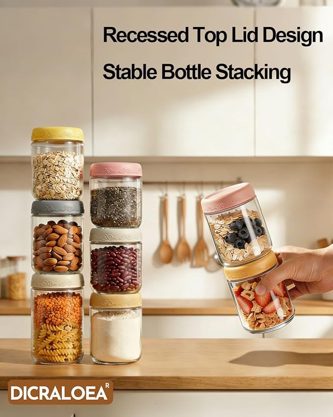 16oz 4Pack Glass Overnight Oats Jars Containers with Airtight Leakproof Lids, Reusable Mason Jars for Meal Prep, Yogurt Parfaits, Smoothies, Salads & Healthy Breakfasts (16 OZ-4-2)