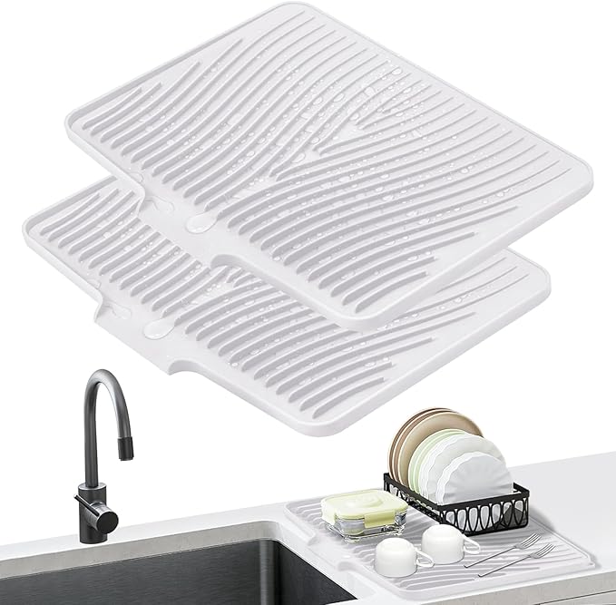 Silicone Dish Drying Mat, Stone Drying Mat for Kitchen Counter with Built-In Drain, Non-Slip Drain Pad with Built-in Drain, Heat Resistant Stone Drying Mat, Hangable, White-2pcs, 20" x 15"