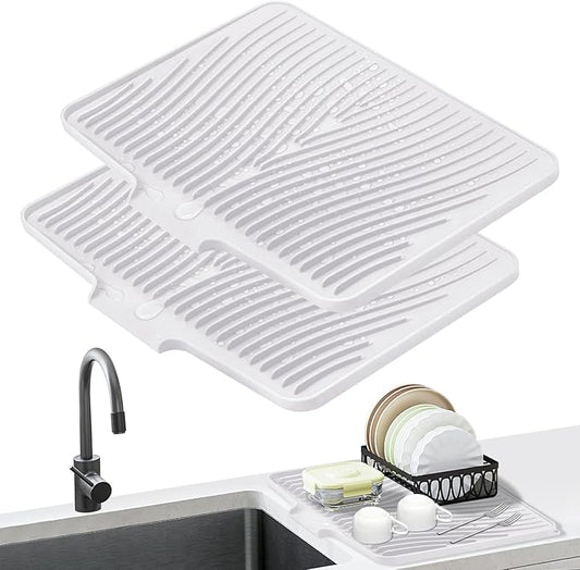 Silicone Dish Drying Mat, Stone Drying Mat for Kitchen Counter with Built-In Drain, Non-Slip Drain Pad with Built-in Drain, Heat Resistant Stone Drying Mat, Hangable, White-2pcs, 20" x 15"