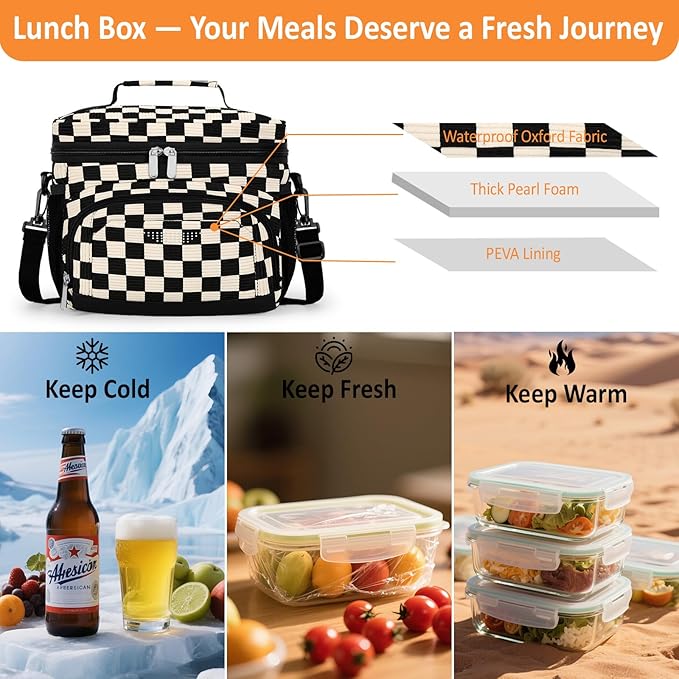 Vankor Insulated Lunch Bag for Men Women, Reusable Lunch Box Leakproof Cooler Lunch Tote Bag with Adjustable Shoulder Strap for Work Office Picnic Beach Travel, Corduroy Black White Checkered