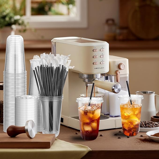tchrules 100 Set 18oz Plastic Cups with Lids and Straws, Disposable Clear Iced Coffee Cup with Lid, Round Bottom Plastic To Go Cups for Cold Drinks Slushie Smoothie Lemonade Party Picnic Shop Supplies