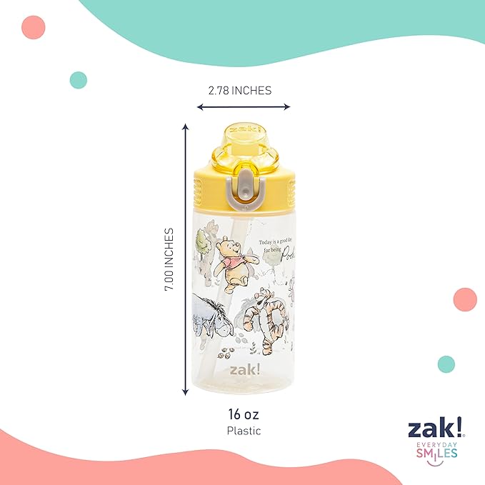Zak Designs Disney Winnie the Pooh Sage Kids Water Bottle For School or Travel, 16oz Durable Plastic Water Bottle With Straw, Handle, and Leak-Proof, Pop-Up Spout Cover (Winnie the Pooh & Friends)