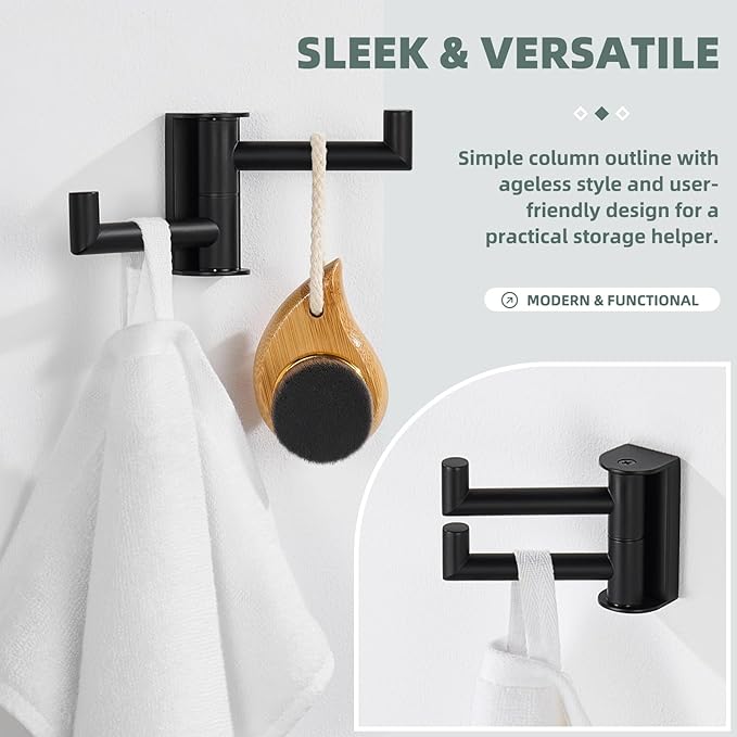 Angle Simple Swivel Double Towel Hook Matte Black, 304 Stainless Steel Robe Hook for Bathroom