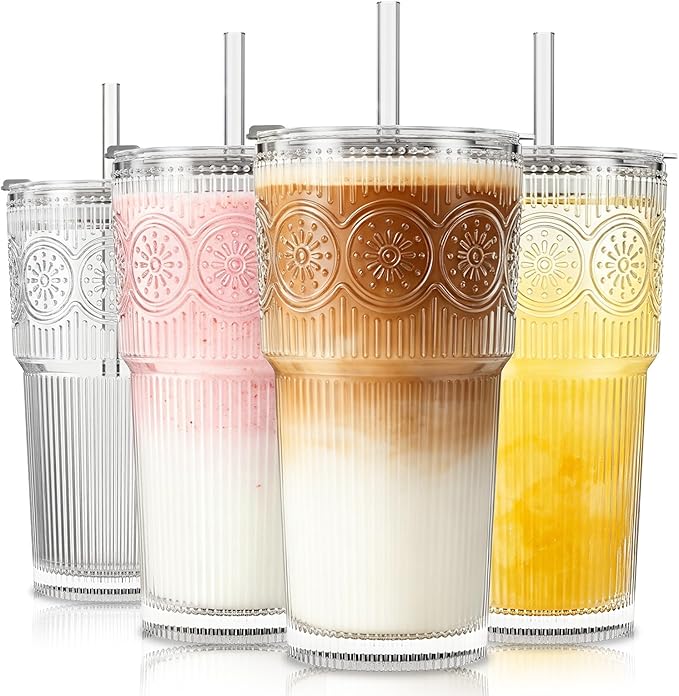 SoulTimes 20oz Ribbed & Floral Glass Tumbler Set of 4 – Reusable Glass Cups with Lid and Glass Straw, Iced Coffee Cups for Water, Smoothie, Milk, Cocktail & More – Perfect for Daily Use & Travel