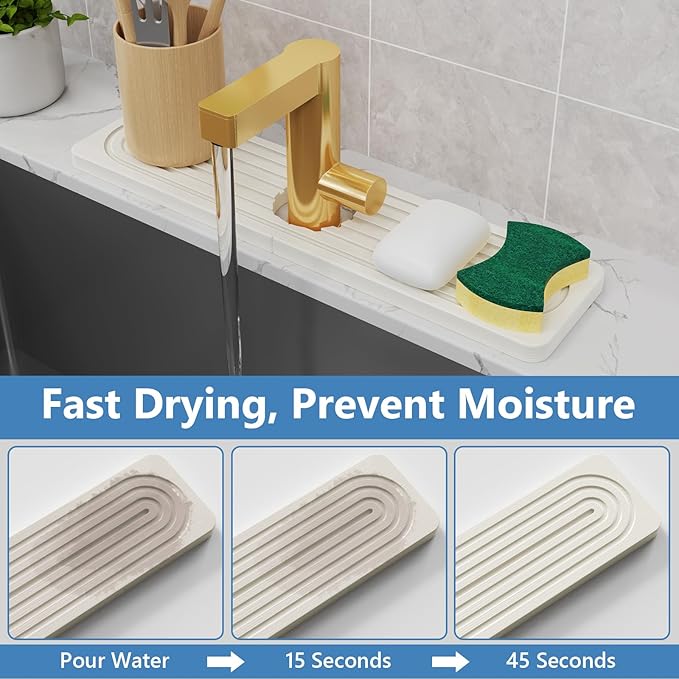 Stone Quick Dry Faucet Mat for Kitchen Sink [Diatomite Super Fast Drying] Stone Faucet Mat for Kitchen Sink Splash Guard Sinks Stones Quick Dry around Faucets Drying Bathroom