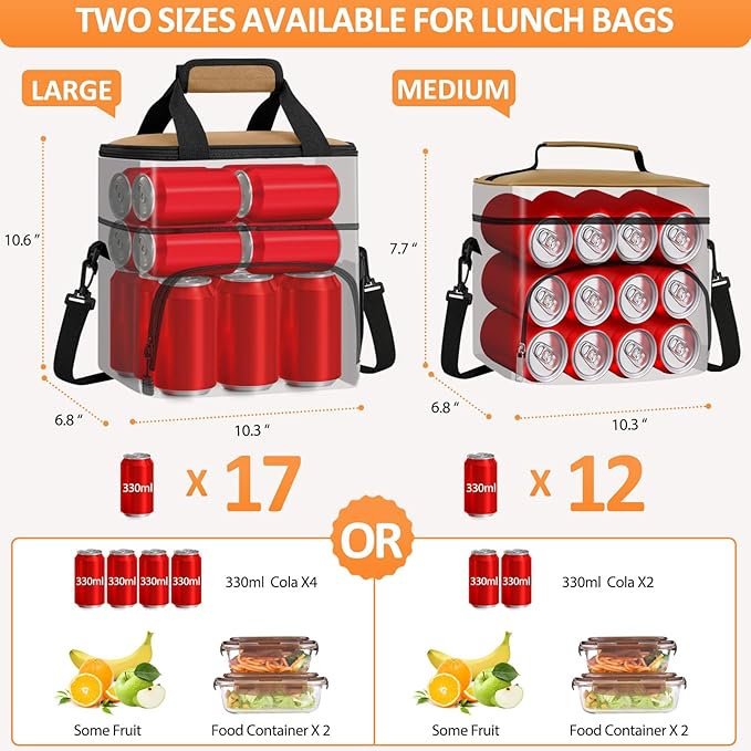 Vankor Lunch Box for Men Women, Large Double Layer Insulated Lunch Bag Tote Expandable Leakproof Waterproof Cooler Bag with Adjustable Shoulder Strap for Work Office Picnic Travel, Khaki