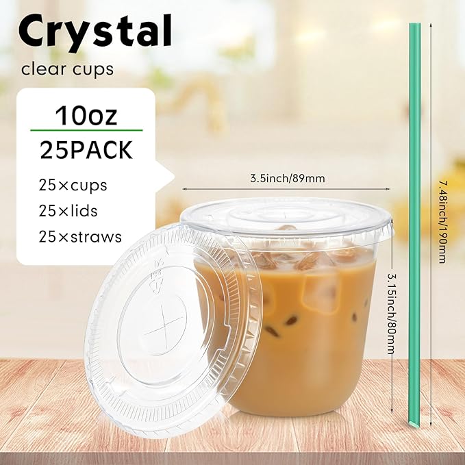 Baderke 25 Set Plastic Cups with Lids and Straws, Disposable Plastic Iced Coffee Cup for Cold Beverage Juice Smoothie Crystal for Coffee Shops Party Catering (Clear,10 oz)