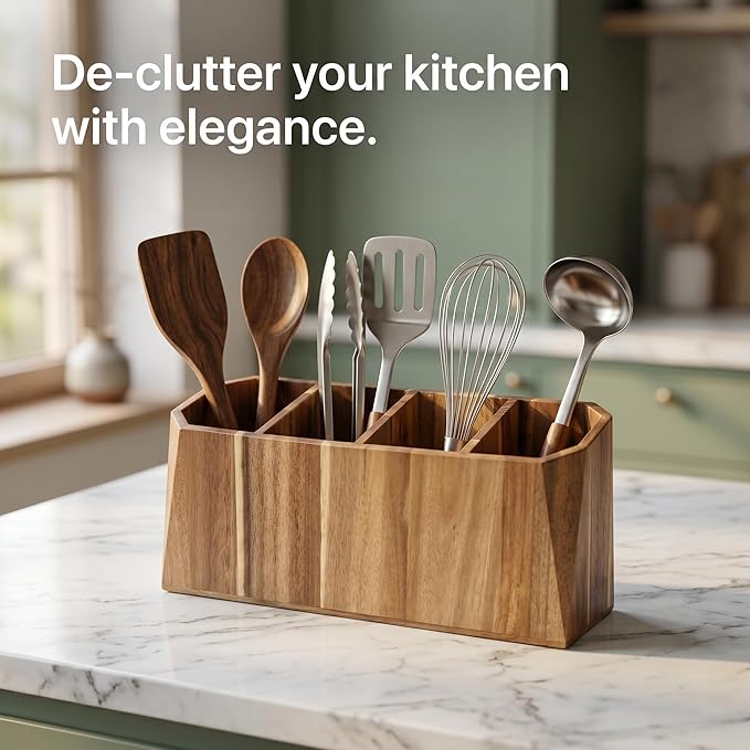 Large Kitchen Utensil Holder for Countertop – Acacia Wood Utensil Organizer with 4 Compartments, Beveled Edges Design, Non-Slip Silicone Pads & Drain Hole – Rustic Farmhouse Utensil Caddy Crock