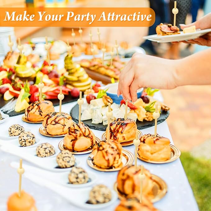 200PCS Cocktail Picks, Natural Fancy Toothpicks for Appetizers, Wooden Ball Bamboo Skewers for Appetizers, 4.7 IN Long Decorative Cocktail Sticks for Drinks Food Party Charcuterie Boards Accessories