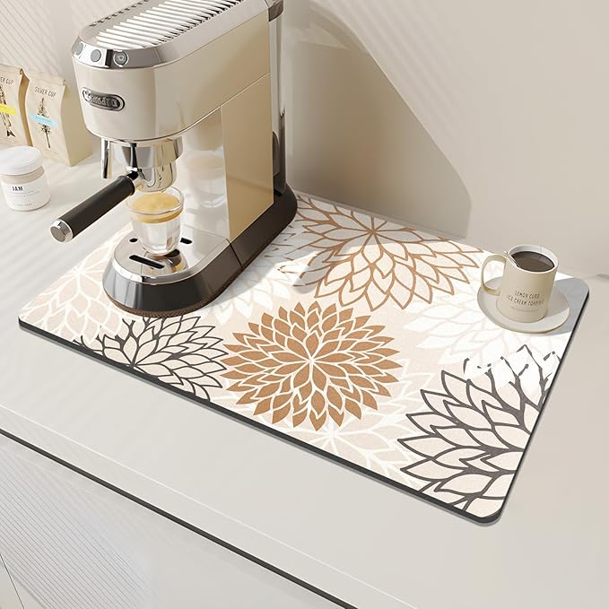 Findosom 2PCS 16" x 24" Dish Drying Mat & 24" x 5.5" Sink Splash Guard, Super Absorbent & Cuttable Dish Mat Drying Kitchen Mat with Brown Floral, Hide Stain Drying Mat for Kitchen Counter