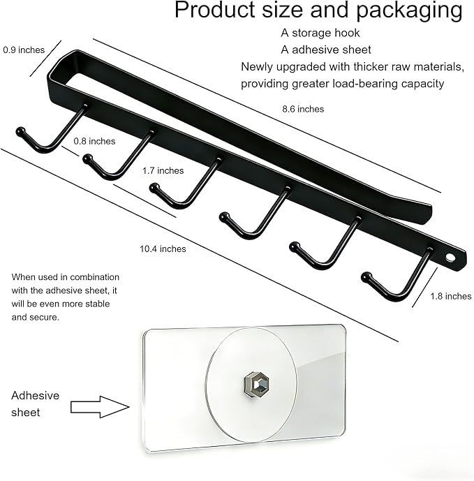 Adhesive Mug Holder Under Cabinet No Drilling Clip-On Cooking Utensil Holder with 6 Kitchen Hooks Space Saving Utensil Holder for Kitchen Counter Wall Hooks for Hanging Spatula Spoon Towel