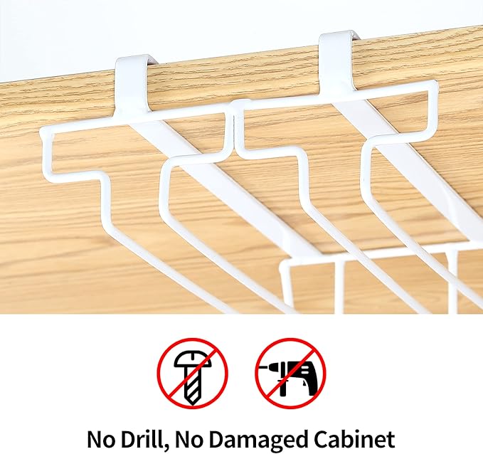 Wine Glass Rack Under Cabinet Drilling Free No Screw Steamware Holder Under Shelf Metal Wine Glasses Holders 304 Stainless Steel Hanger Storage Organizer Hanging Glass Fit for Bar Kitchen 3 Rows White