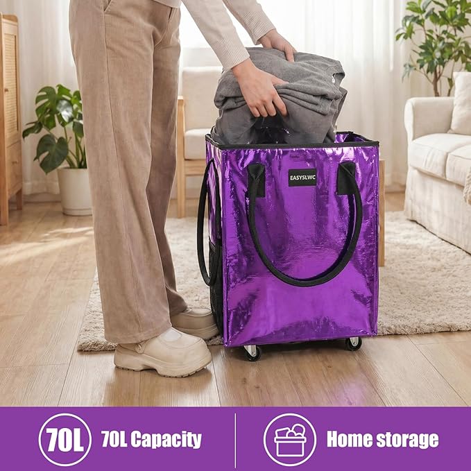 Reusable Hauler Rolling Tote Bag, Collapsible Portable Shopping Bag with Wheels for Groceries, Apartments Laundry, Organization , Heavy Duty Utility Tote Bag, Travel and Moving, 75lbs, Glossy Purple