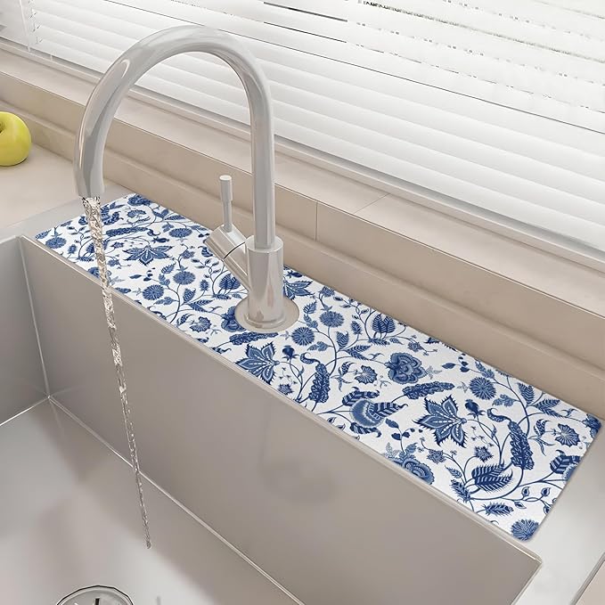 24" X 5.5" Kitchen Sink Splash Guard Faucet Mat Flora Super Absorbent Fast Drying Faucet Guard & Draining Mat Sink Splash Guard Behind Faucet for Kitchen, Bathroom