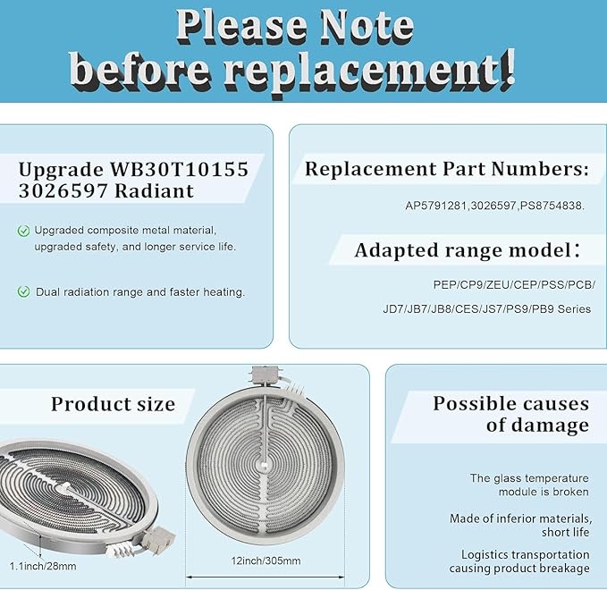 [Upgrade] Wb30t10155 12in Triple Radiant Surface Element Compatible With Ge Electric Stove.Wb30t10155 Element Haliant 12 Triple, Replace For Ps8754838, Ap5791281.Fit For Ge Jb7 Js7 Cep Ces Series