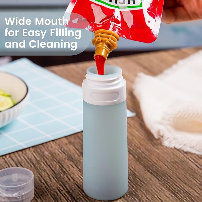 MICEBAY Condiment Squeeze Bottles for Sauces, 3-oz Mini Silicone Salad Dressing Container to Go with Reusable Sandwich Bag, Leakproof Sauce Bottle for Bento Lunch Box, 4 Pack, Gray