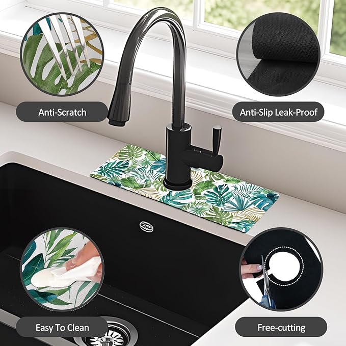 2PCS 15" X 5.5" Kitchen Sink Splash Guard Faucet Mat Leaf Super Absorbent Fast Drying Faucet Guard & Draining Mat Sink Splash Guard Behind Faucet for Kitchen, Bathroom