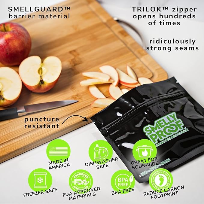 Smelly Proof Reusable Food Storage Bags, Reusable Sandwich Bags, Reusable Freezer Bags, Black 4-Mil Thick, Heavy Duty, US-Made Non-Silicone, BPA Free, No PEVA, 6” x 4”, 50-Pack