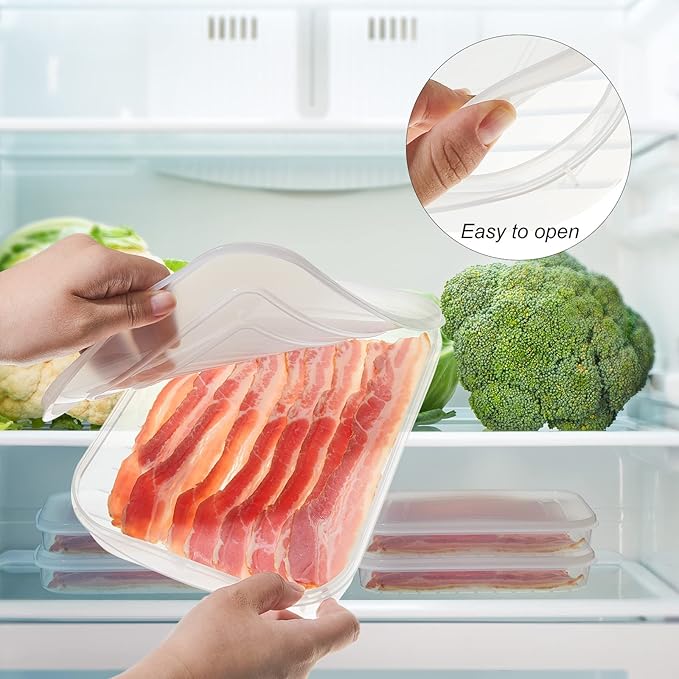 Suclain 4 Pieces Bacon Keeper Plastic Deli Meat Saver with Lids Airtight Cold Cuts Cheese Container for Fridge Food Refrigerator Storage Box Shallow Low Cookie Holder, 9.65 x 7.28 x 1.38''