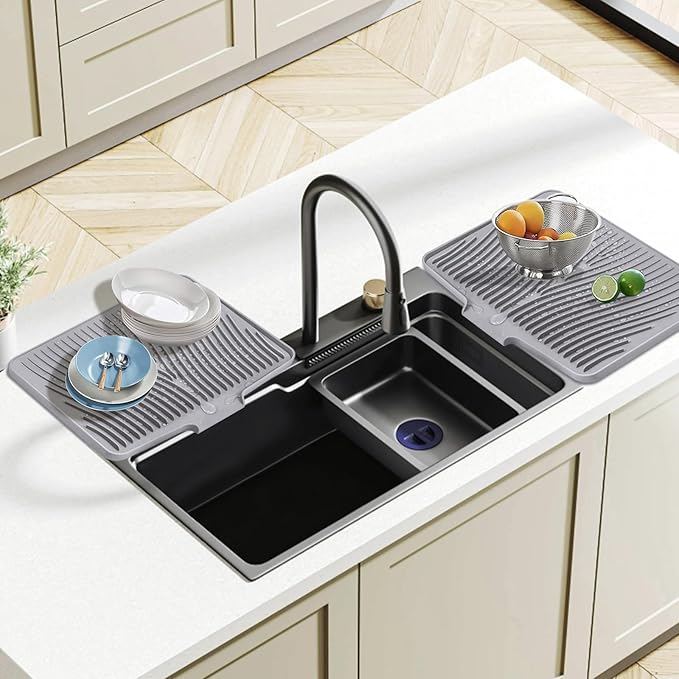 Silicone Dish Drying Mat, Stone Drying Mat for Kitchen Counter with Built-In Drain, Non-Slip Drain Pad with Built-in Drain, Heat Resistant Stone Drying Mat, Hangable, Grey-2pcs, 20" x 15"