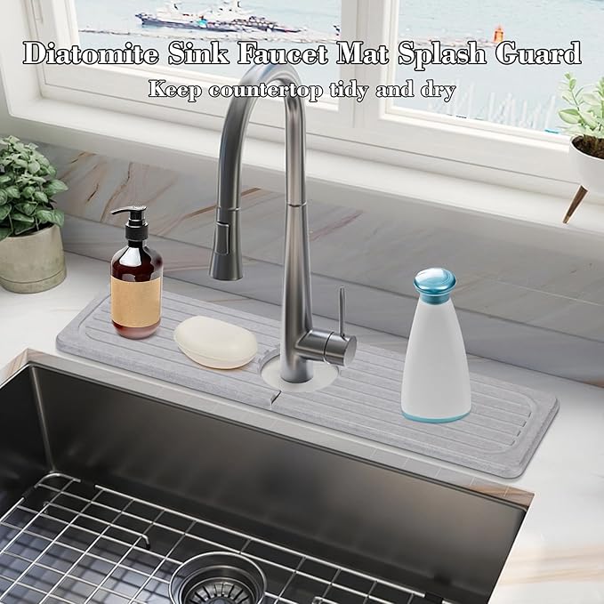 Stone Faucet Mat for Kitchen Sink, 23.6" Diatomite Drying Stone Kitchen Sink Mat Super Absorbent, Kitchen Sink Splash Guard, Sink Stone Quick Dry Around Faucet for Kitchen Bathroom Counter