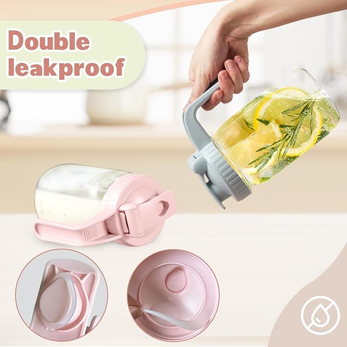 2 Pack Wide Mouth Mason Jar Lids V-Shaped with Handle, Mason Jar Pour Spout Lid with Extended Flip Lid Easy to Open, Airtight Leak Proof and Durable