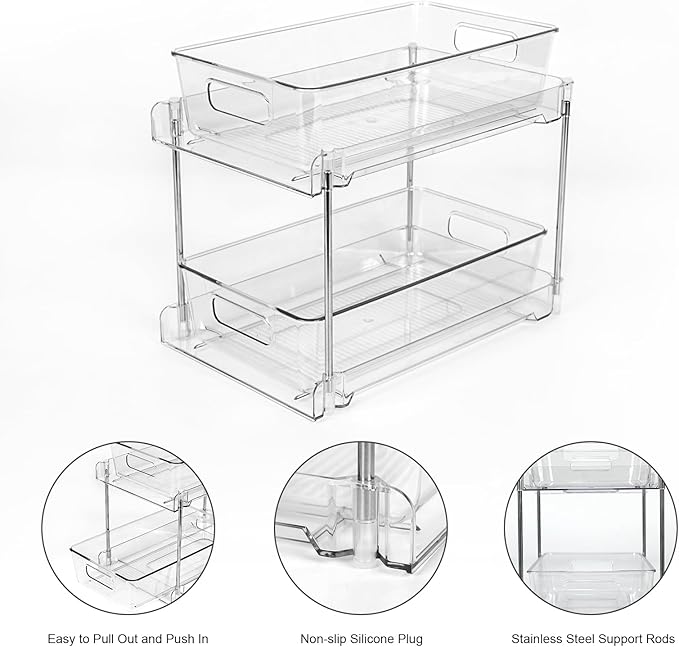 4 Pack Bathroom Organizers and Storage, 2-Tier Clear Under Sink Organizer, Vanity Counter Storage, Medicine Cabinet Organization, Pull-Out Cabinet Organizer With Track For Bathroom, Kitchen, Pantry