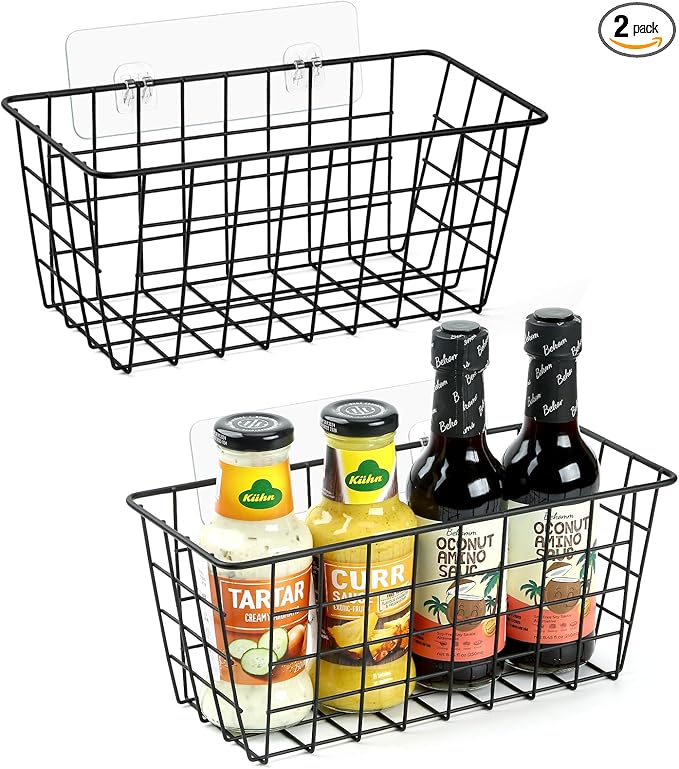 2 Pack Hanging Kitchen Baskets, Adhesive Wire Wall Storage Basket, No Drilling Hanging Fruit Baskets, Cabinet Door Organizer for Kitchen Bathroom Pantry, Upgrade Super-sized Adhesive