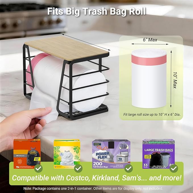 2 in 1 Trash Bag Dispenser Under Sink, Large Garbage Bag Roll Holder with Bamboo Lid, Fits 13/30/33 Gal Bags, Open Back Storage for Tall Bottles, for Kitchen Cabinet, Bathroom, Laundry Room(Black)