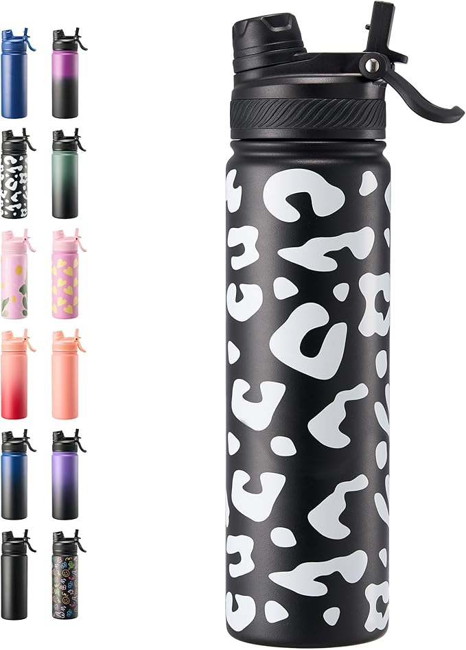 Fijinhom 24 oz Insulated Water Bottle, 2-in-1 Straw and Spout Lid Stainless Steel Thermos, Leak-Proof, Double Wall Vacuum Flask, Keep Cold 24H for Outdoor, Sports, Travel, School (Cow)
