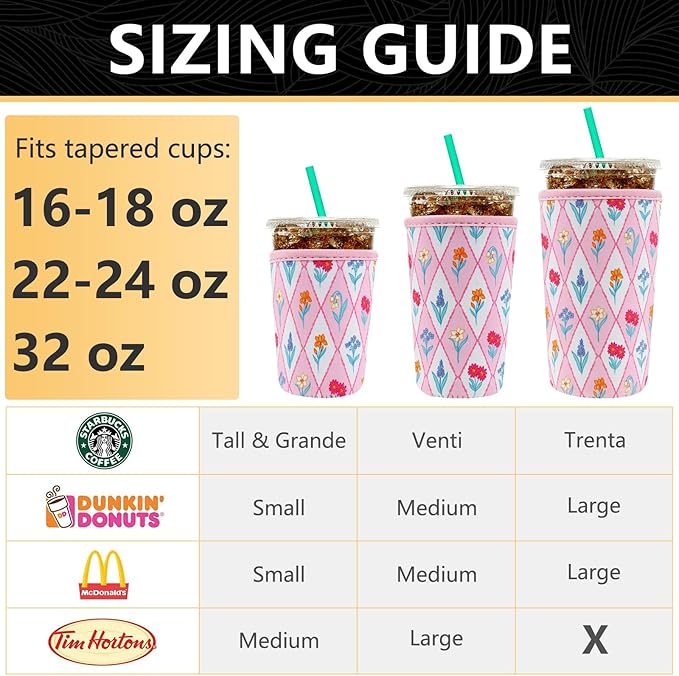 YR Reusable Neoprene Insulator Sleeve for Iced Coffee Cups, 3 Pack Coffee Coolies sleeves for Iced & Hot Drinks, Cold Beverage Cooler Compatible with Starbucks Coffee and More (Diamond Flower)
