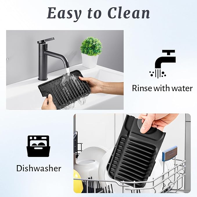 PoYang 17.7 inch Faucet Mat for Kitchen Sink Splash Guard, 7° Slope Silicone Sink Water Splash Guard for Kitchen Sink Area with Snap Button, Long Sink Protectors for kitchen Sink Sponge Holder, Black