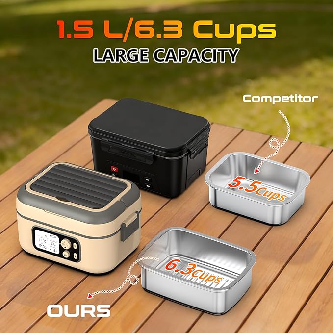 Cordless Electric Heated Lunch Box, XL 6.3Cups Rechargeable Food Warmer Lunch Box with Self Heating, Smart Timer, Adjustable Temperature, Leakproof, BPA Free, Removable Divider Yellow