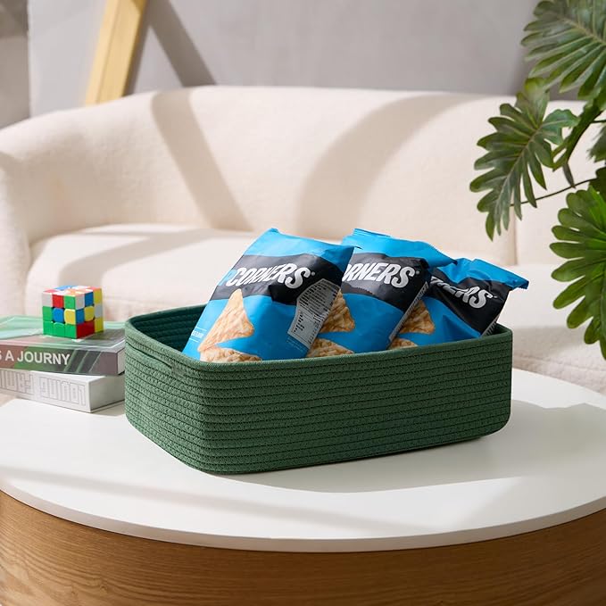 MiniArk Large Shallow Organizing Baskets 15x11x5.1 Inches - Rope Woven Storage Bins for Bathroom, Shelves, Cube Closet, Green 3 Packs