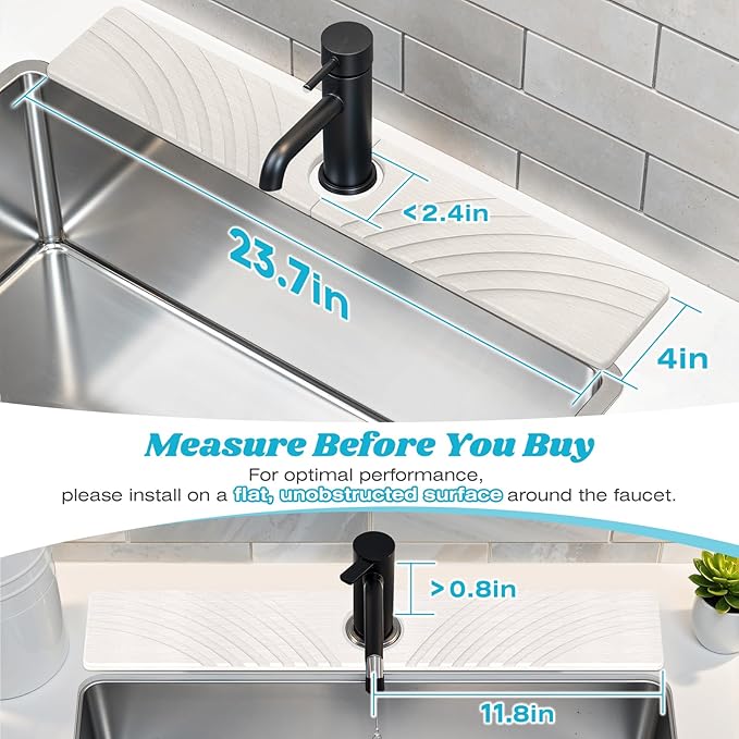 Stone Faucet Mat for Kitchen Sink - Fast Drying Diatomite Stone Drying Mat, Textured Drainage Sink Protector, Water Splash Guard with Base Pads for Bathroom Counter (23.7x4 in, White)