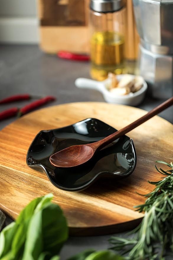 Spoon Rest for Kitchen Counter, 5.3" Ceramic Spoon Holder for Stove Top, Heat Resistant & Dishwasher Safe Cute Spoon Rests Spatula Holder for Multiple Utensils, Farmhouse Kitchen Decor Black