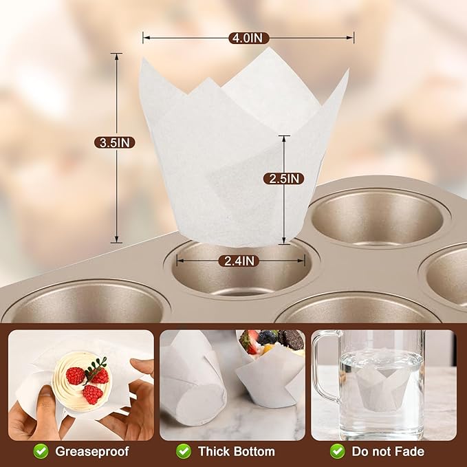 100pcs Extra Large Size Tulip Cupcake Liners for Baking Cups, Food Grade White Parchment Paper Large Muffin Liners Holders, Greaseproof Cup cake Wrappers for Party, Christmas by Neyimqr (White)