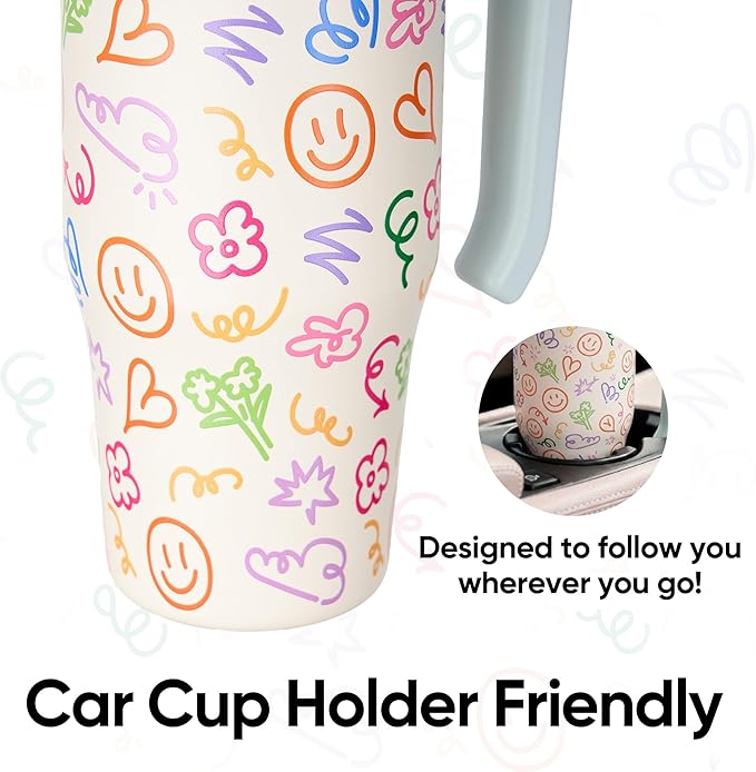 Fijinhom 25 oz Insulated Tumbler with Handle, Stainless Steel Insulated Water Bottle Coffee Mug with Straw, Coffee Cups, Cute Water Bottle for Sports, Travel, Lunch, Creamy Scribs
