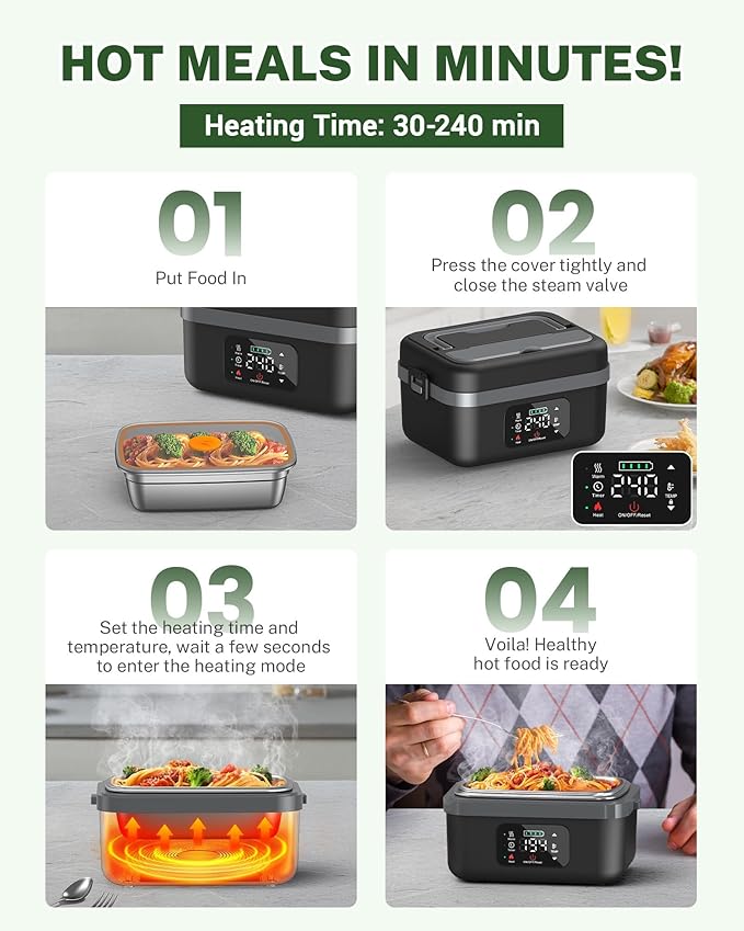 ODSD Cordless Electric Lunch Box for Adults, 16000mAh Rechargeable Self-Heating Lunch Box Food Warmer with Timer & Adjustable Heating, 34oz/1L Container with Insulated Bag for Office Car Outdoor