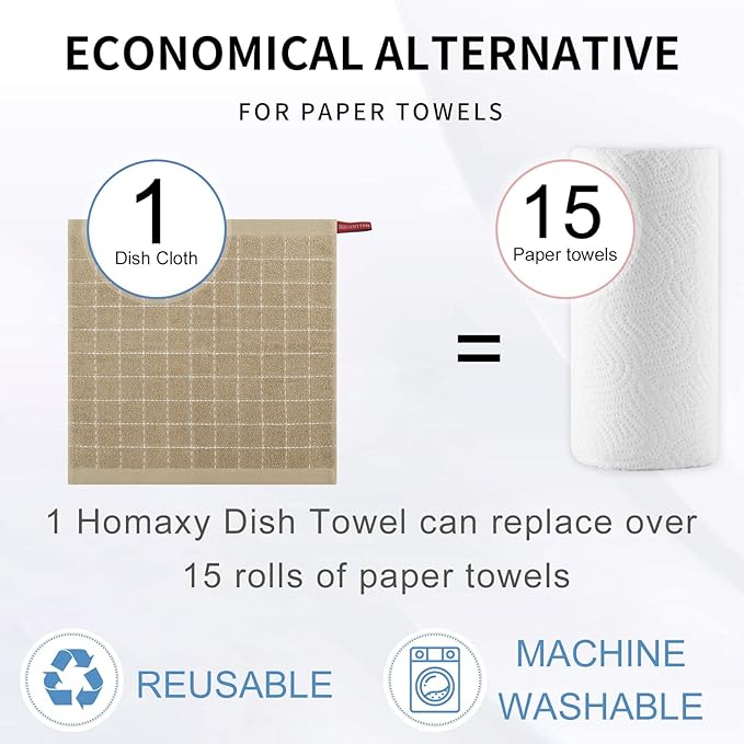 Homaxy 100% Cotton Terry Kitchen Dish Cloths, Ultra Soft and Absorbent Dish Towels for Kitchen, Perfect for Drying and Washing Dishes, 6 Pack, 12 x 12 Inches, Tan