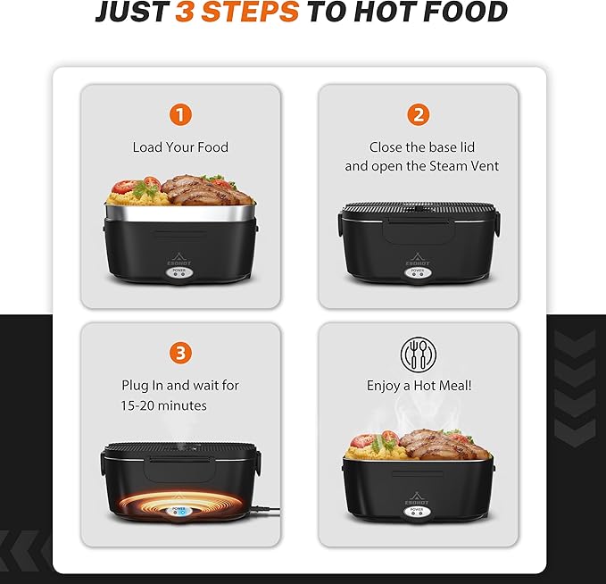 Heated Lunch Box,120W Electric Lunch Box for Adults with 1.5L 304 Stainless Steel Container, 12V/24V/110V Lonchera Eléctrica Portátil for Travel,Work,Car,Truck (Pure Black, 1.5L x 4)