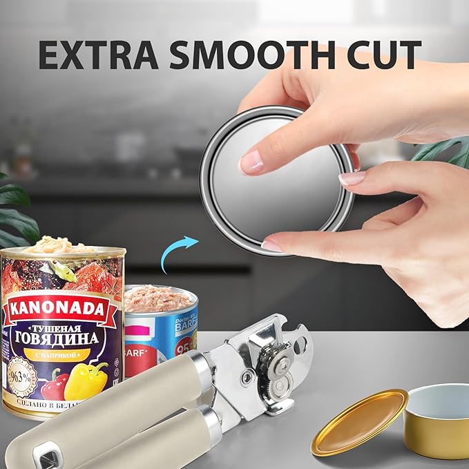 Safring Can Opener Manual, Heavy Duty Handheld Strong Can Opener with Soft Touch Handle, Sharp Blade Smooth Edge, Can Openers with Multifunctional Bottle Opener, Beige