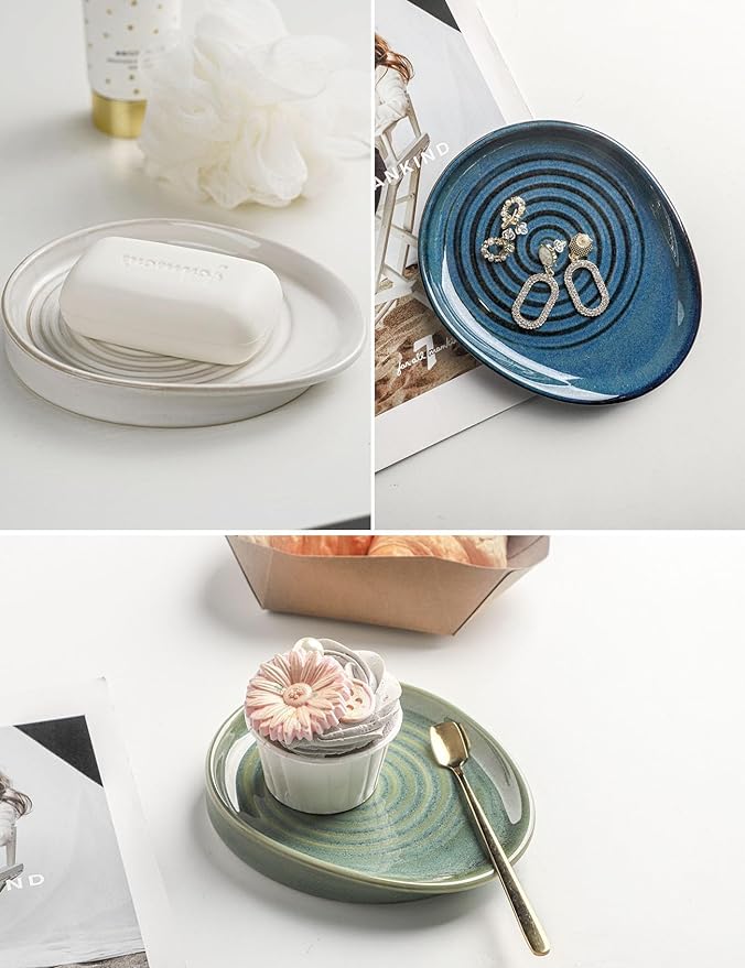 Ceramic Spoon Rest for Stove Top, Spoon Holder for Kitchen Counter, Farmhouse Cooking Utensil Holder for Spoons, Ladles, Spatula, Glazed Blue