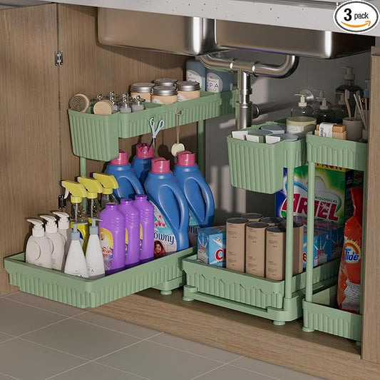 3 Pack Multi-Purpose Under Sink Organizers and Storage, 2026 L-Shaped Pull Out Cabinet Organizer for Bathroom & Kitchen, Under Cabinet Organizer with Hooks Hanging Cup, Green